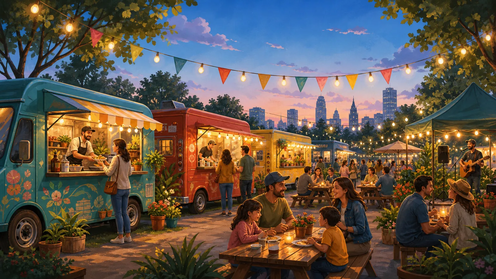 Illustrated food truck rally with market lights, picnic tables, music, families, and evening city energy