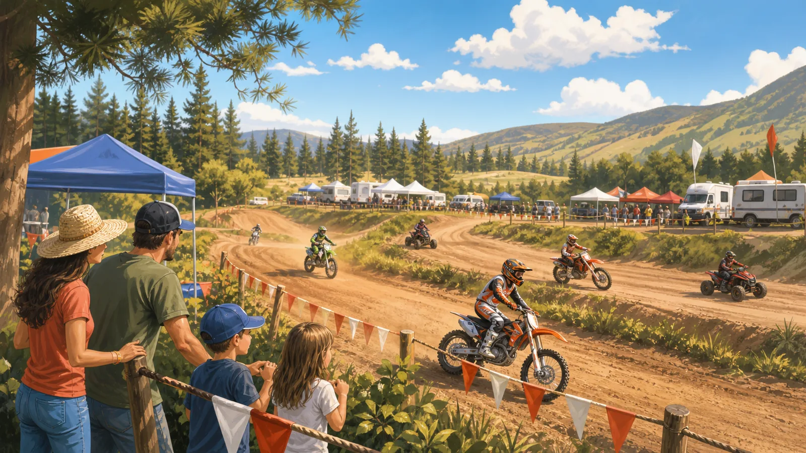 Illustrated outdoor motorsport weekend with dirt track, event tents, riders, spectators, and sunset hills
